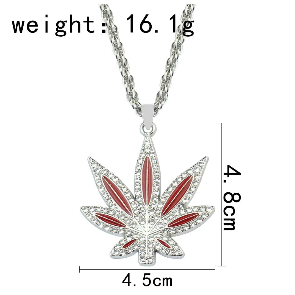 Rhinestone Weed Pendant Necklace Maple Leaf Necklaces Gold Color Chains for Women men Male Steampunk Jewelry Good Vibrations Adult Super Store