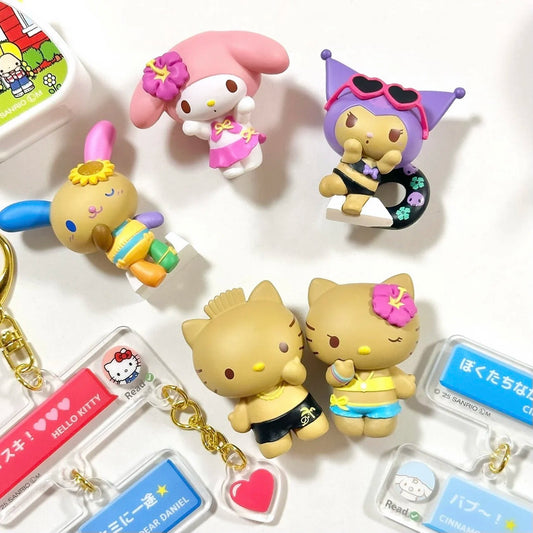 New Original Sanrio Character Summer Beach Holiday Hello Kitty My Melody Kuromi Black Skin Blind Box Anime Cartoon Birthday Gift Good Vibrations