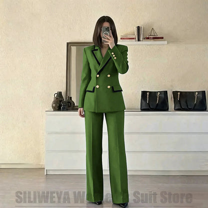 Women's Red Suit Two Piece Set Double Breasted Blazer with Black Trim and Pants Elegant Formal Fashion Daily Casual Party Tuxedo Good Vibrations