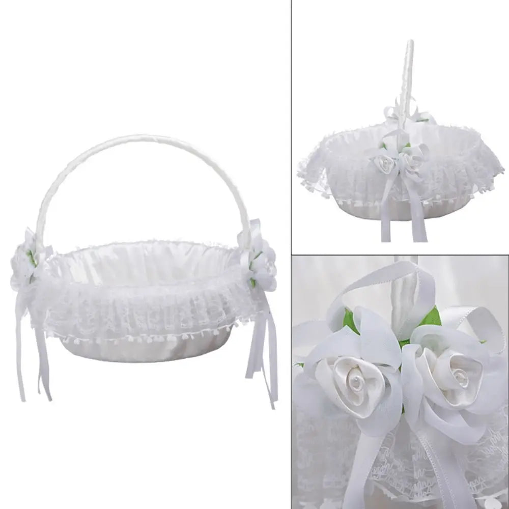 Fashion Lace Wedding Flower Basket Rose Flower Ribbon Bow Satin Bow Hanbag Tote Bag Storage Bag Flower Girls Basket Party Good Vibrations