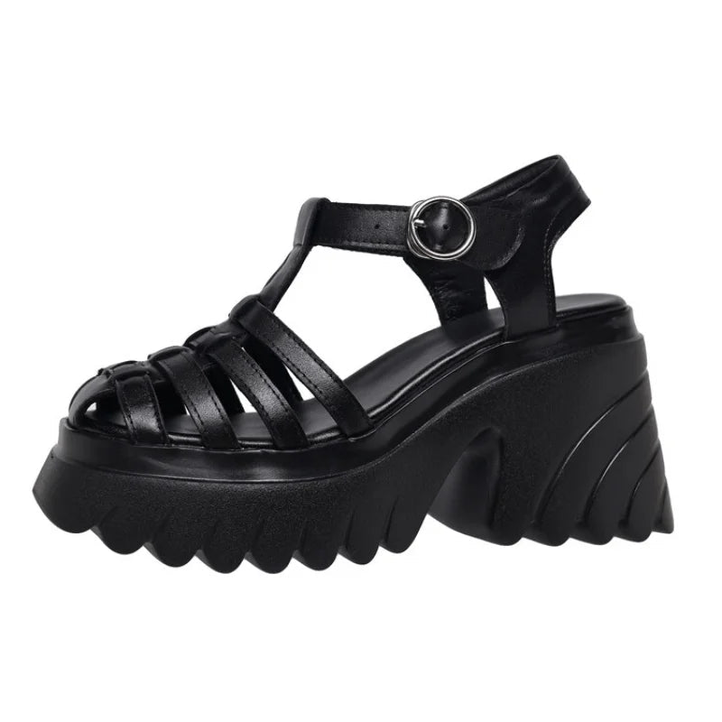 Womens Roman Sandals Hollow High Heel Thick Bottom Gladiator Sandals Womens Buckle Womens Shoes Non-slip Outdoor Beach Shoes Good Vibrations