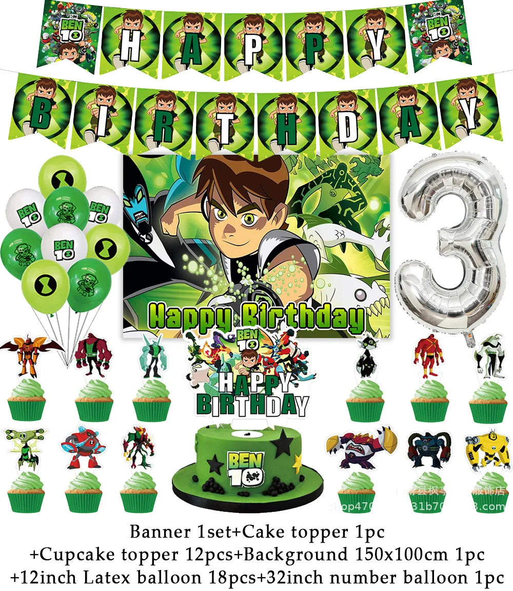 Cartoon Ben-10 Birthday Party Decoration Balloons Favor Set Banner Cake Toppers Baby Shower Boys Gift Party Supplies Photo Prop Good Vibrations