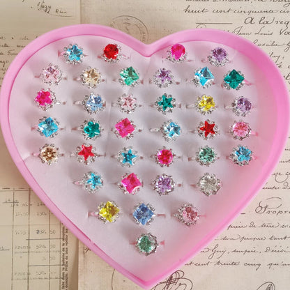 12/36PCS/set Adjustable Kids Crystal Rings Jewelry Heart Star Square Open Finger Ring For Children Girl Party Gift Good Vibrations