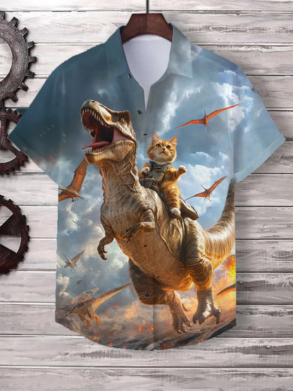 Men's Cat Graphics Shirts Short Sleeved Button Down Lapel Shirt For Summer Oversized Tops Vacation Casual Hawaiian Shirts Good Vibrations