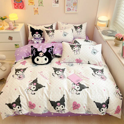 Sanrio 100% Cotton Bedding Set Cute Hello Kitty Kuromi Melody King Queen Pillowcase Bed Linens Girl Dorm Bedclothes Home Textile Good Vibrations