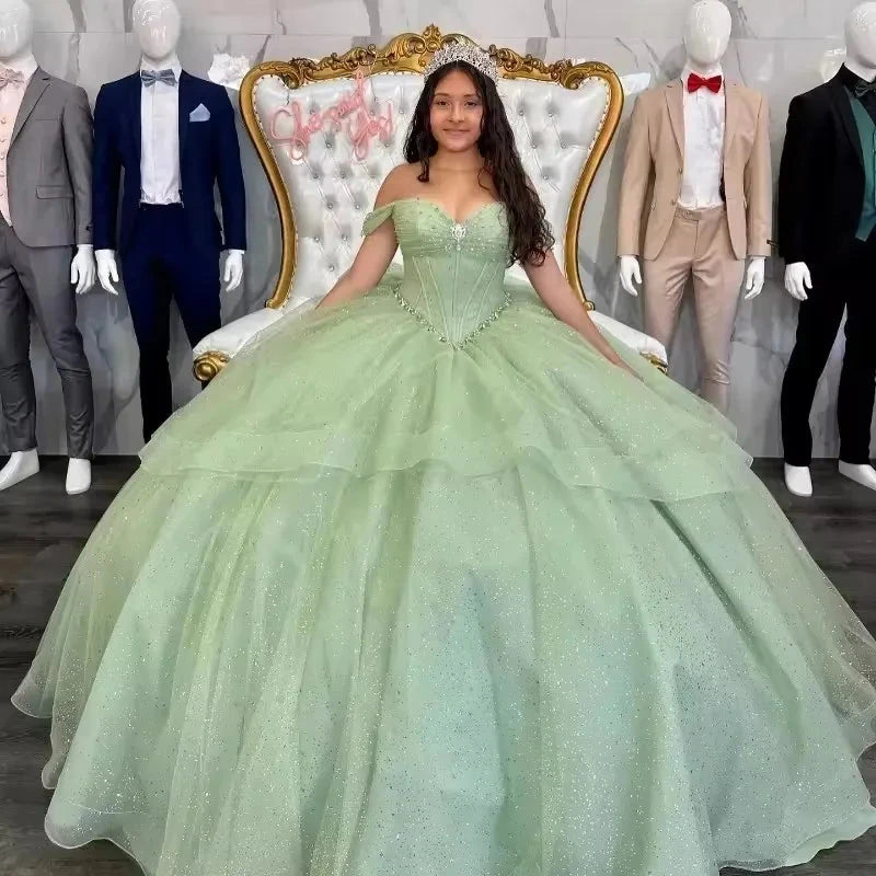 Bomaris Green Glittering Quinceanera Dresses Ball Gown Beading Vestidos De 15 Anos Cinderella Birthday Party Customized Good Vibrations