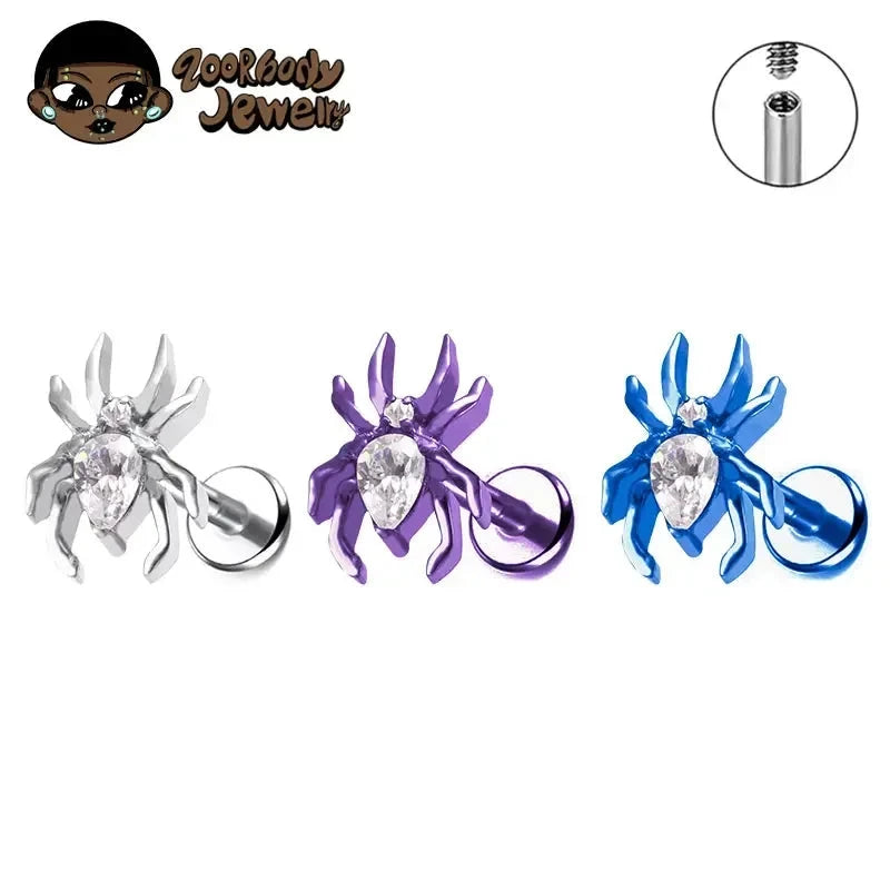 ASTM F136 Titanium 16G 18G Spider CZ Internal Thread Labret Stud Earring Nose Tragus Helix Flat Stud Halloween Body Piercing Good Vibrations