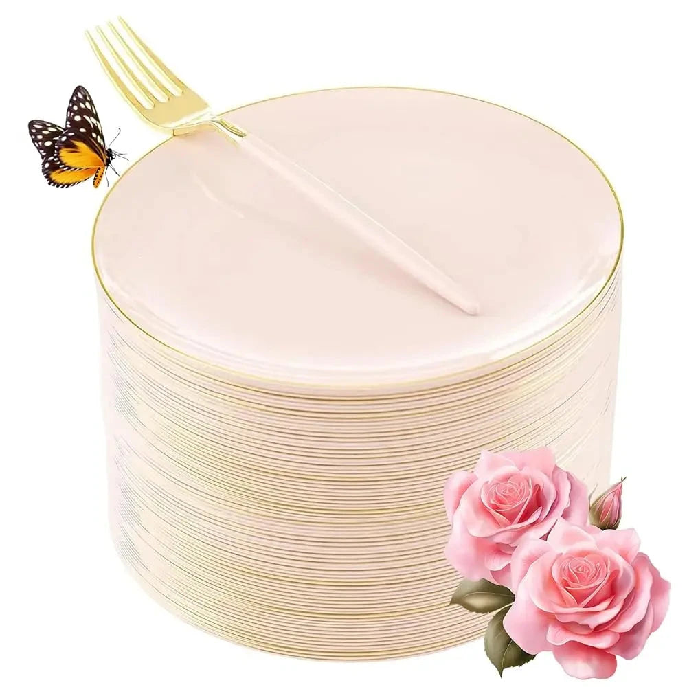 Liyh 96 Pcs Pink And Gold Disposable Plastic Dessert Plates And Forks Set - 7.5"" Plastic Appetizer Plates & 9"" Gold Cake Good Vibrations