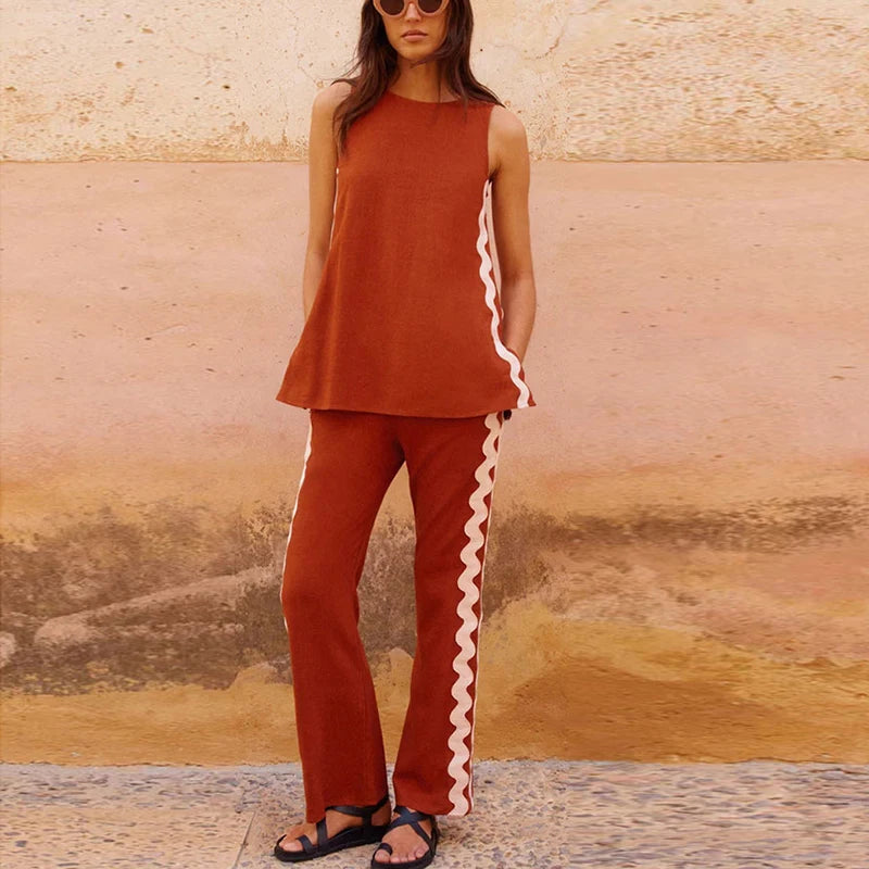 Summer Women Two Piece Set O Neck Sleeveless Printed Vest Shirt Loose Pants Suit Female Matching Sets Good Vibrations