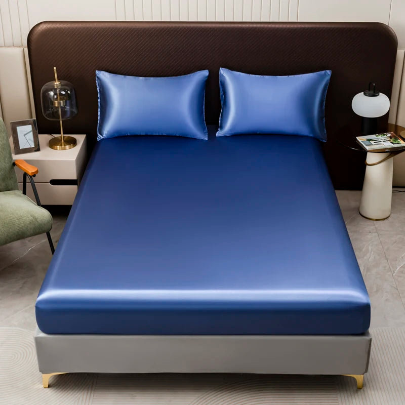 1Pc Satin Fitted Sheet Solid Colour Twin Full Queen Ice Silk Mattress Cover Natural With Elastic Band Bed Sheet (No Pillowcase) Good Vibrations