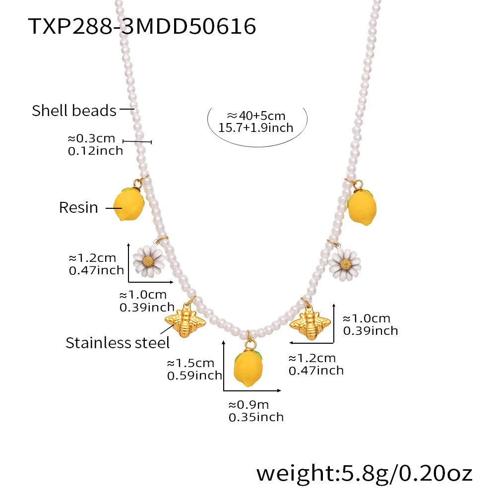 Nivora Resin Fruit Lemon Pendant Necklace For Women Imitation Pearl Stainless Steel Zircon Handmade Strand Beads Choker Jewelry Good Vibrations