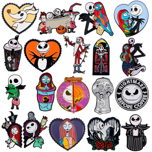 Set of Halloween skeleton enamel pins featuring characters and scenes from a horror movie cosplay collection