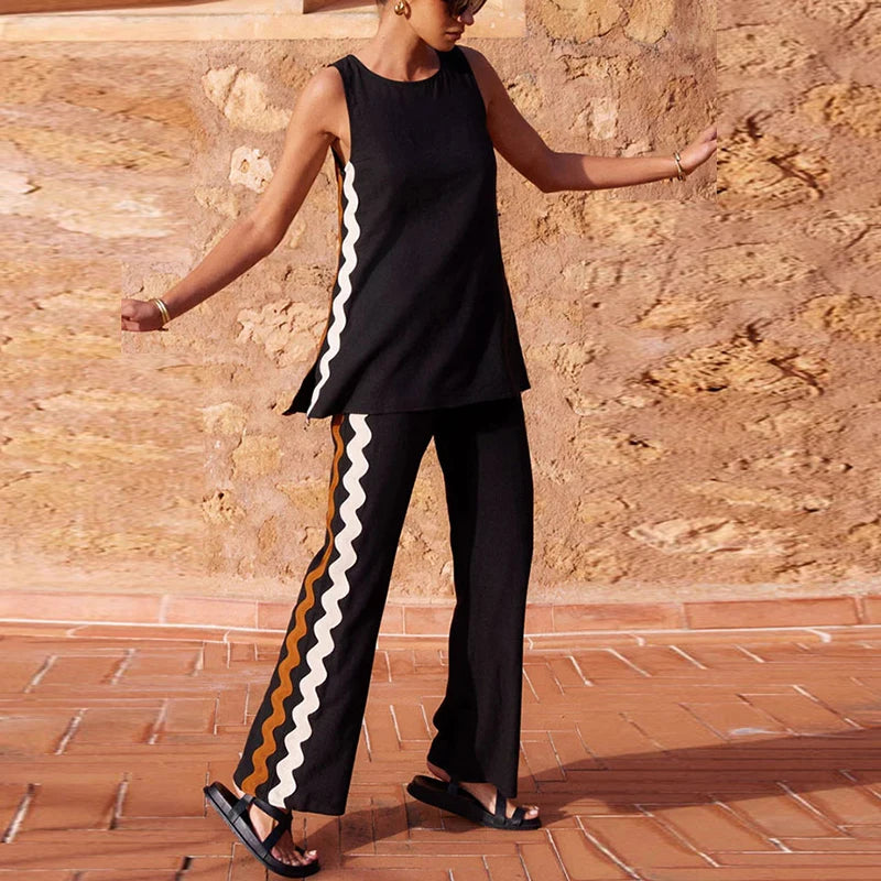 Summer Women Two Piece Set O Neck Sleeveless Printed Vest Shirt Loose Pants Suit Female Matching Sets Good Vibrations