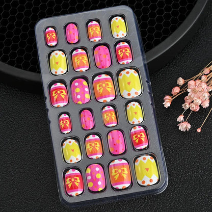 24 Pcs/box Children Cartoon Nail Tips Colorful Artificial Fake Nails for Cute Kids Girls Full Cover Short False Nail Art Kits* Good Vibrations