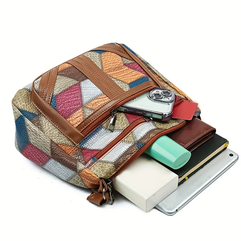 Chic Crossbody Bags for Women Stylish Stitching, Geometric Pattern, Multi Compartment Design with Zipper Closure, Travel Purse Good Vibrations