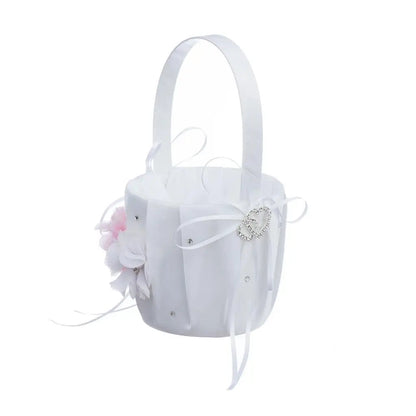 Wedding Bowknot Faux Pearl Flower Girl Basket With Heart Shape Decor Pink Good Vibrations