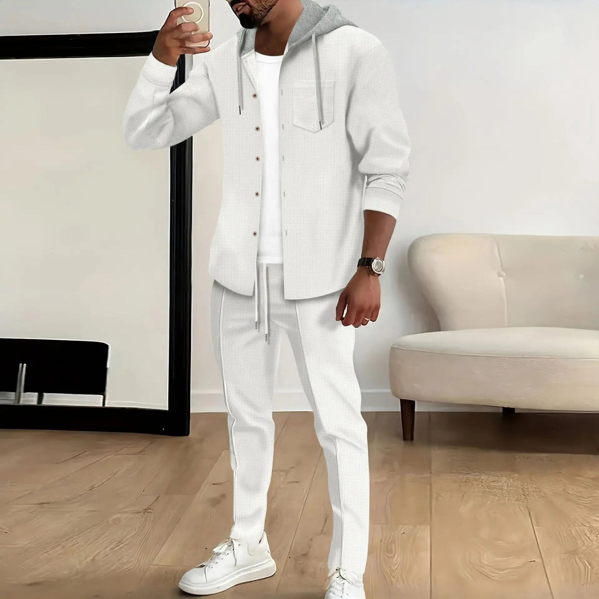 Spring and Autumn New Waffle Men's Casual Slim-Fit Hooded Long-Sleeved Cardigan Matching Color Fashion High Quality Tracksuit Pa Good Vibrations