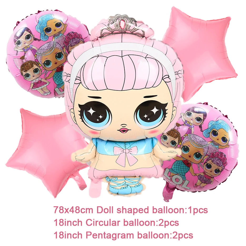 Girl Surprise Theme Backdrop Cute Shiny Doll Birthday Party Decoration Pink Latex Balloon Disposable Tableware Plate Cake Topper Good Vibrations