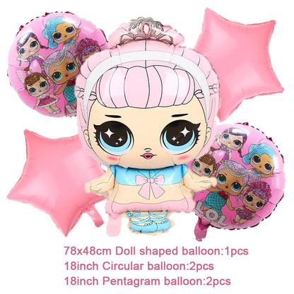 Girl Surprise Theme Backdrop Cute Shiny Doll Birthday Party Decoration Pink Latex Balloon Disposable Tableware Plate Cake Topper Good Vibrations