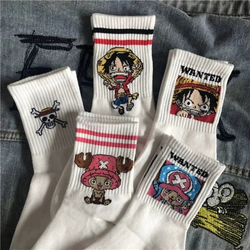 5Pair Anime One Piece Socks Cartoon Luffy Chopper Student Cotton White Long Short Boat Socks Printed Knitted Socks Children Gift Good Vibrations