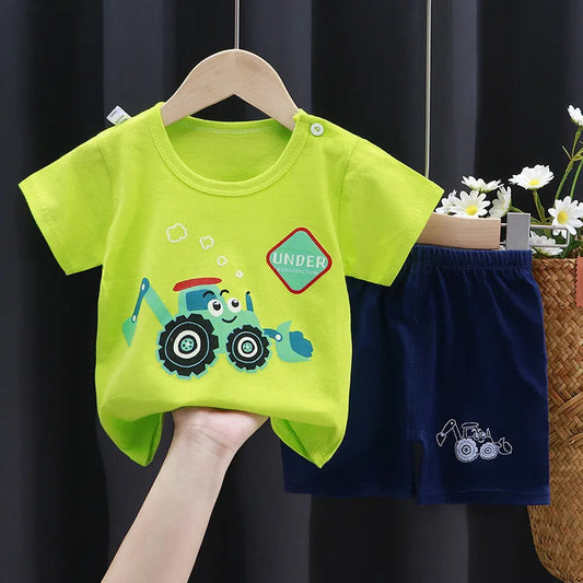 Child Clothing Sets Boys Cartoon Print Tshirt Simple Fashion Tees Shorts New Cute Tops Tracksuits Kids Short Sleeve Tops Shorts Good Vibrations