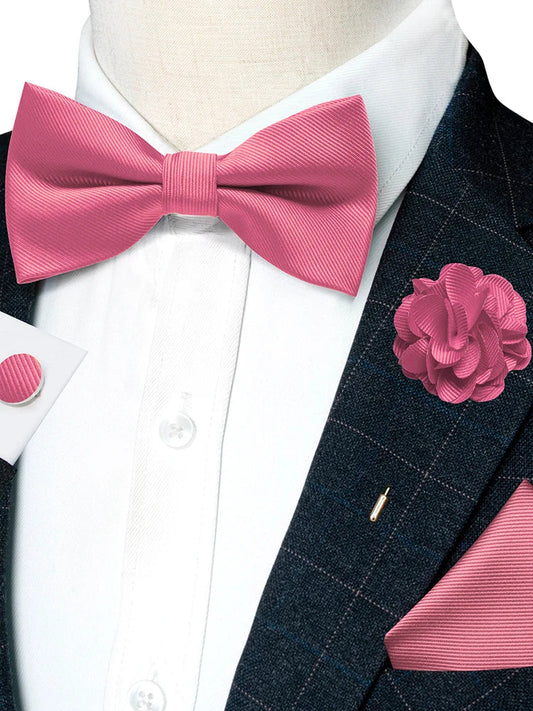 Wedding Bow Tie for Men Solid Pink Pre-tied Bowtie Pocket Square Cufflinks Corsage Set Party Business Silk Butterfly Knot Gift Good Vibrations