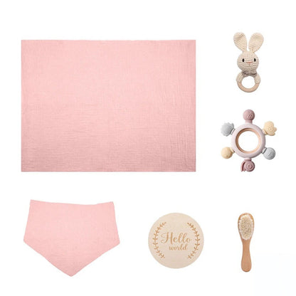 1Set Baby Bath Toy Set Food Grade Silicone Teether Toys Wooden Ring Crochet Rattle Milestones Card Bath Brush For Newborn Gift Good Vibrations
