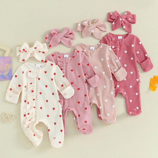 Pudcoco Baby Girls Valentines Day Foot Cover Jumpsuit Long Sleeve Crew Neck Heart Print Ruffle Zipper Footies with Headband 0-6M Good Vibrations