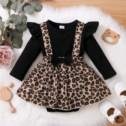 Newborn Baby Girl Romper Dress Long Sleeve Leopard Dresses with Bow Spring&Autumn Onesie Clothes for Infant Girl 0-18 Months Good Vibrations