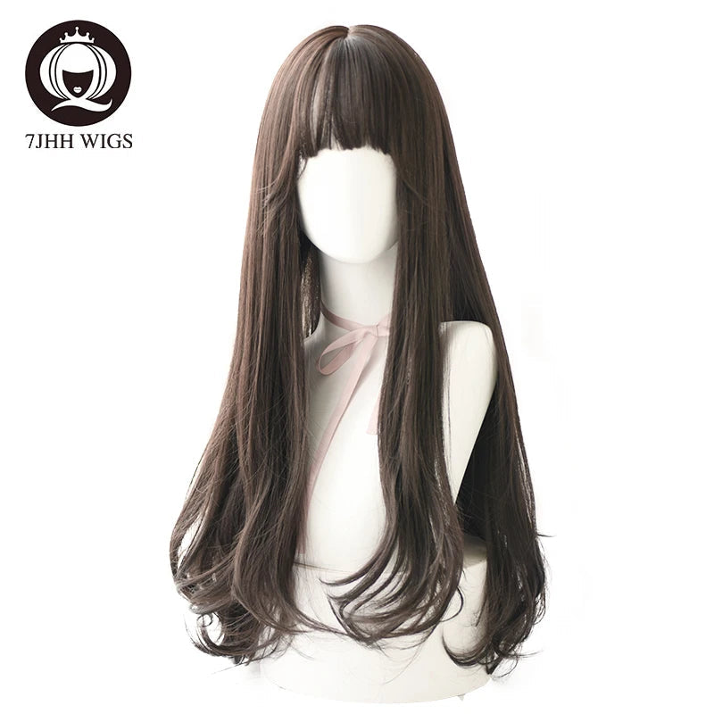 7JHHWIGS Long Wavy Synthetic Black Wigs For Women With Fringe Fashion Heat Resistant Mid-Length Daily Straight Light Brown Hair Good Vibrations