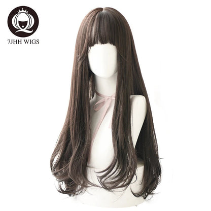 7JHHWIGS Long Wavy Synthetic Black Wigs For Women With Fringe Fashion Heat Resistant Mid-Length Daily Straight Light Brown Hair Good Vibrations
