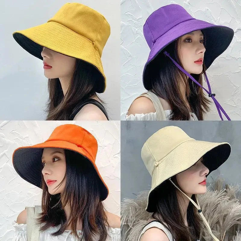 Summer Women Double-sided Bucket Hats Fashion Big Brim Foldable Solid Sun Hat Outdoor Beach Visor Caps Fisherman Cap for Travel Good Vibrations