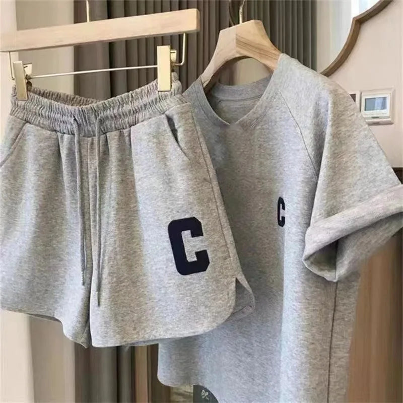  2 Piece Set Women Summer Loose Short Sleeve T-Shirt Casual Shorts Sports Print Letter Casual Suit Large Size Short Pajamas Good Vibrations
