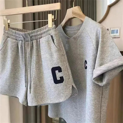  2 Piece Set Women Summer Loose Short Sleeve T-Shirt Casual Shorts Sports Print Letter Casual Suit Large Size Short Pajamas Good Vibrations