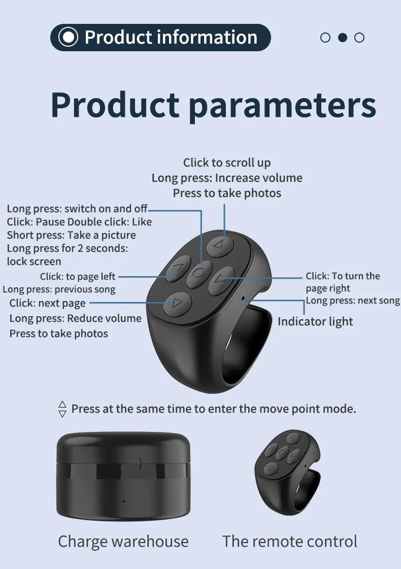 Multi-function Automatic Remote Control Portable Selfie Browse Video Read E-books Fingertip Controller for Mobile Phone Good Vibrations