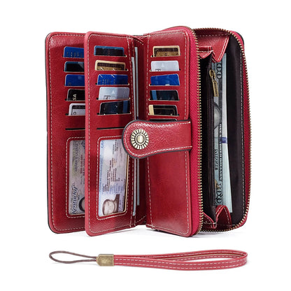 Rfid Anti-Theft Wallet for Men and Women, European and American Retro Leather Long Wallet Clutch, Oil Wax Leather Cut Out Multi-Card Slot Wallet, Large Capacity Zipper 70% off Clutch Bag, Card Holder Coin Purse Hand Bag Good Vibrations
