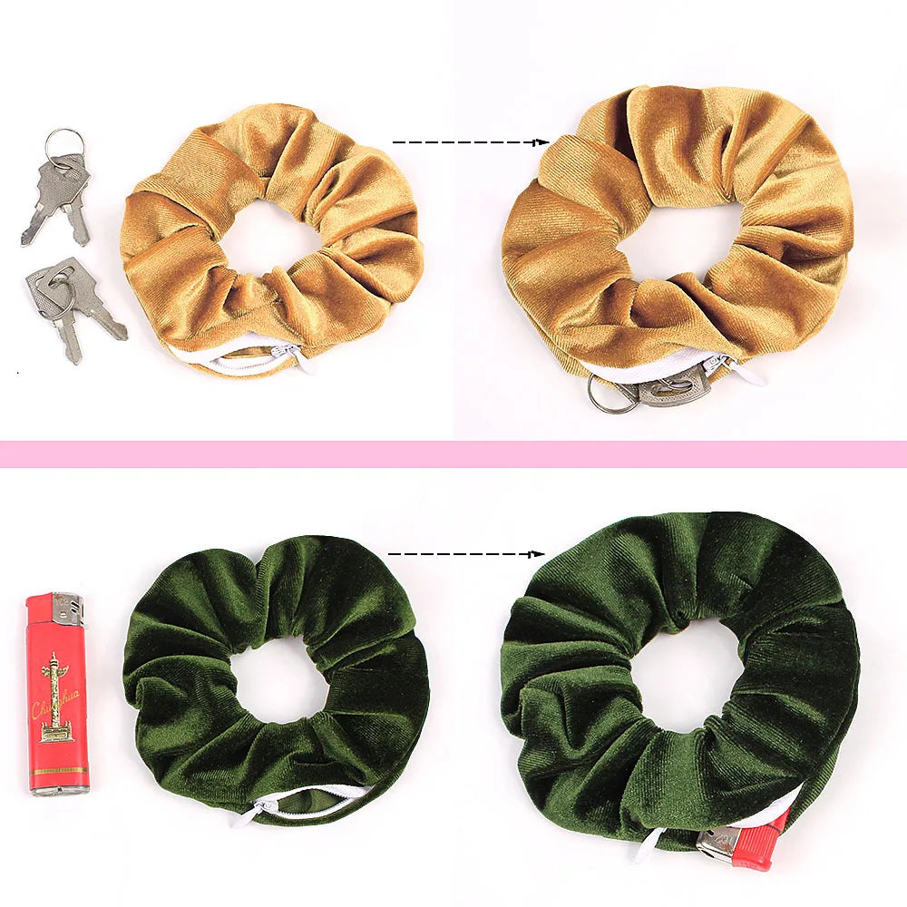 Portable ⁣Hidden Safe Sight Secret Hair Tie Storage Case Hair Scrunchie With Zipper Hide Key Cash jewelry For Travel Outdoor