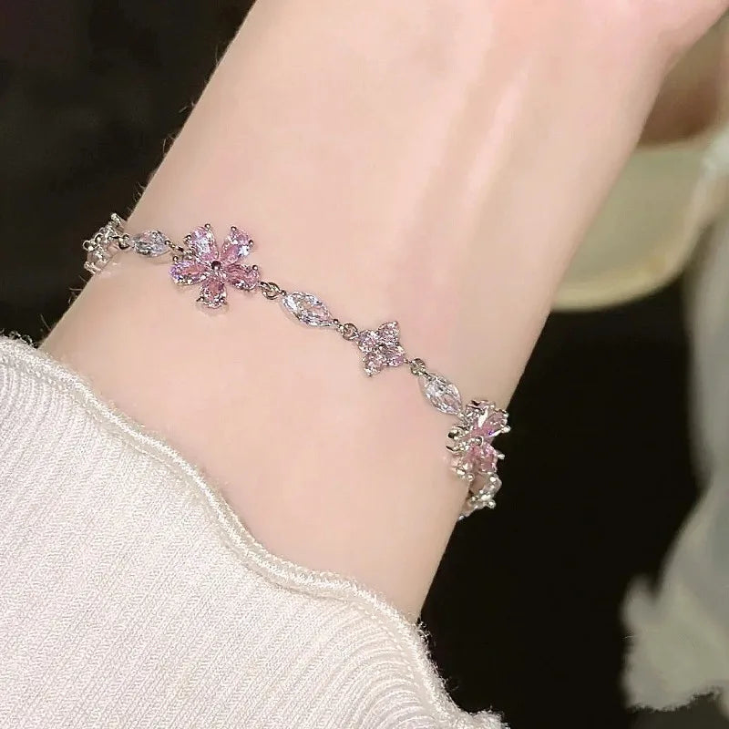 Elegant Crystal Flowers Bracelet For Women Y2K Sweet Girls Moon Cherry Blossom Bow Zircon Bracelets Luxury Designer Jewelry Gift Good Vibrations