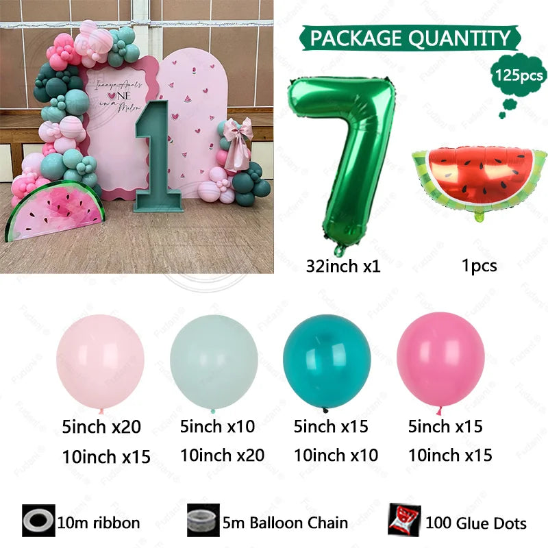 125pcs Summer Fruit Themed Party Decoration Green Number Birthday Balloon Set Red Watermelon Balloon Birthday Photo Background Good Vibrations
