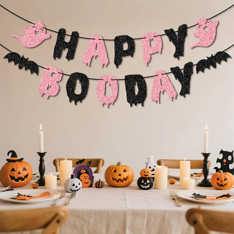 YOMDID Glitter Birthday Banner Happy Boo Day Party Banner Happy Letters Halloween Ghosts and Bats Happy Birthday Decorations Good Vibrations