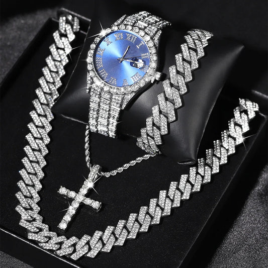 Quartz Watch Set Gift Box Cuban Necklace Bracelet Cross Classic Full Diamond Watch Shining Luxury Gift giving Festival Chain Hip Good Vibrations