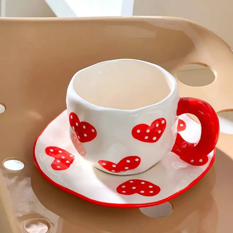 340ML Hand-painted Flower Love heart Ceramic Coffee Cup with Saucer Home Office Water Cup Breakfast Milk Juice Teacup Gift Set Good Vibrations