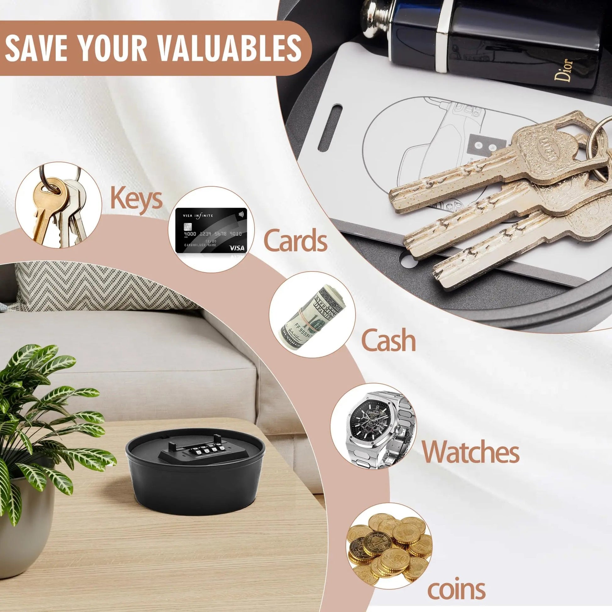 Hidden Key Box with Combination Lock Hidden Safe Small Storage Lockable Box with Code Outdoor Secret Items for Decor Flowerpot Good Vibrations