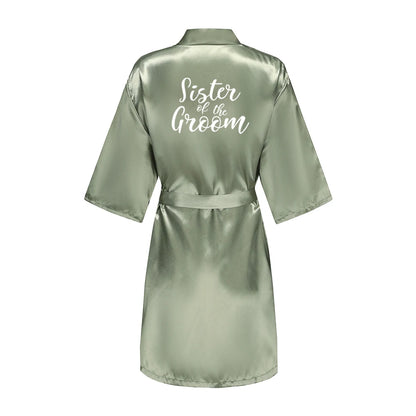 Grass Green Women's White Letter Bride Bridesmaid Short Satin Robes for Wedding Party Getting Ready Good Vibrations