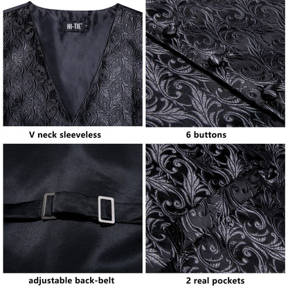 Hi-Tie Black Men Silk Vest Paisley Jacquard Necktie Hankerchief Cufflinks Sets Male Sleeveless V-Neck Waistcoat Business Formal Good Vibrations
