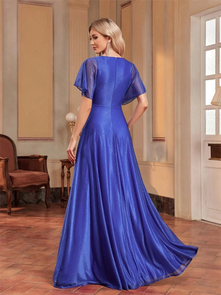 Elegant Royal V-neck Formal Evening Dress 2025 Women Short Sleeves Applique Wedding Party Dresses Long Gowns Good Vibrations