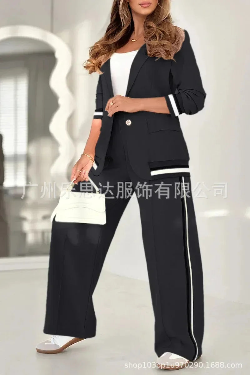 Women Suit Jacket 2 Piece Sets Striped Blazer Coat Turn Down Collar Single Breasted Wide Leg Pants Ensemble Office Lady Outfits Good Vibrations