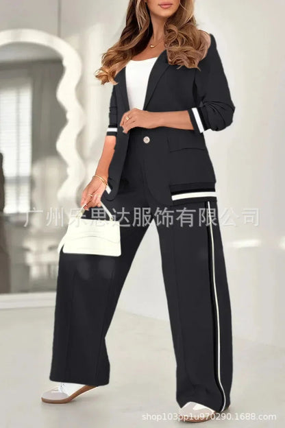 Women Suit Jacket 2 Piece Sets Striped Blazer Coat Turn Down Collar Single Breasted Wide Leg Pants Ensemble Office Lady Outfits Good Vibrations