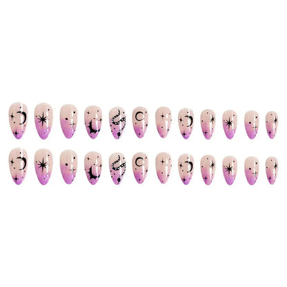 24Pcs/set Almond Halloween Press on Nails Black Bat Fake Nail Moon and Stars Pattern Removable Wearable Nails for Women&Girl Good Vibrations