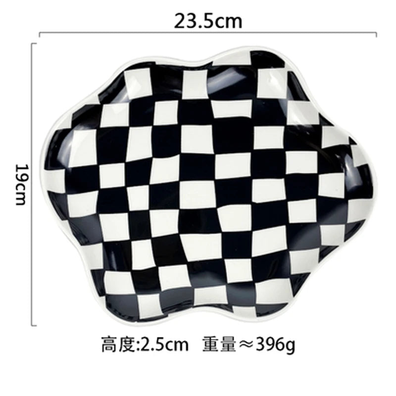 European Chessboard Ceramic Plate Black and White Checkered Irregular Tableware Dinner Plate Dinner Set Plates and Dishes Good Vibrations